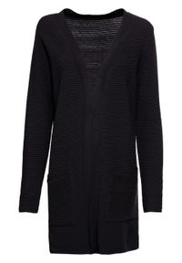 Długi sweter bez zapięcia bonprix czarny. Kolor: czarny. Długość: długie. Wzór: prążki. Styl: elegancki #1