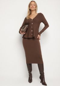 Born2be - Brązowy Elegancki Komplet z Dzianiny z Wiskozą Kardigan i Spódnica Uneva. Kolor: brązowy. Materiał: wiskoza, dzianina #3