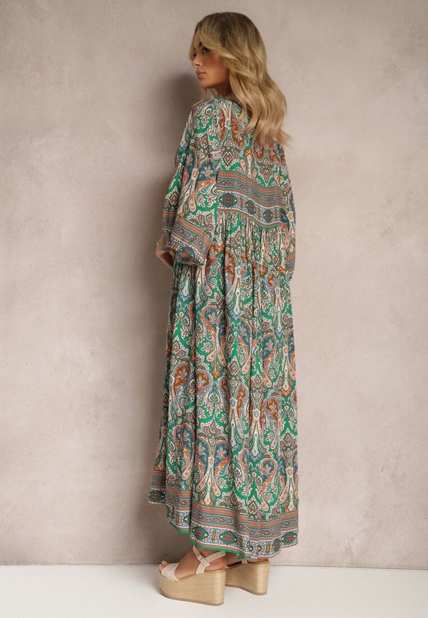 Renee - Zielona Rozkloszowana Sukienka we Wzór Paisley z Rękawem 3/4 Briarwa. Okazja: na co dzień. Kolor: zielony. Wzór: paisley. Styl: elegancki, casual