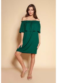 Lanti - Krótka Sukienka z Hiszpańskim Dekoltem - Zielona. Kolor: zielony. Materiał: poliester. Długość: mini