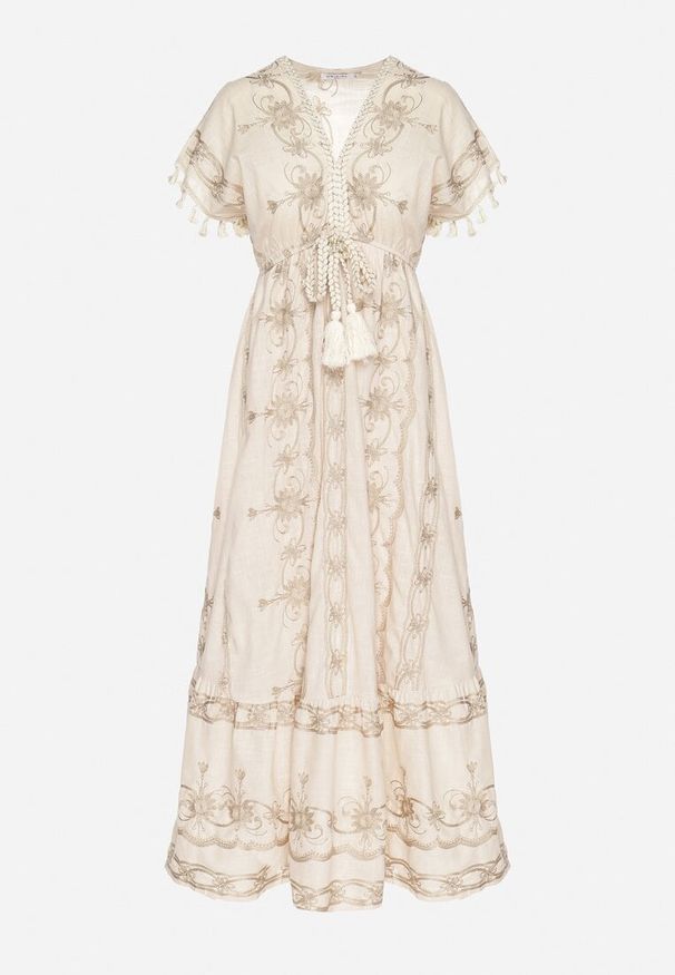Born2be - Beżowa Bawełniana Sukienka w Boho Print Rozkloszowana z Metalicznymi Haftami i Frędzlami Divilea. Okazja: na co dzień. Typ kołnierza: dekolt w kształcie V. Kolor: beżowy. Materiał: bawełna. Długość rękawa: długi rękaw. Wzór: haft, nadruk. Styl: boho