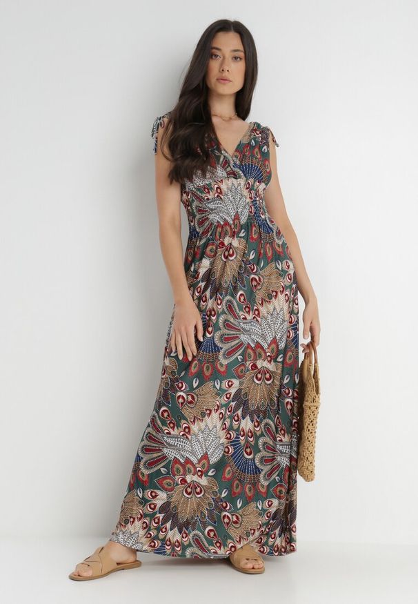 Born2be - Ciemnozielona Sukienka Zarena. Kolor: zielony. Długość rękawa: bez rękawów. Typ sukienki: kopertowe. Styl: boho