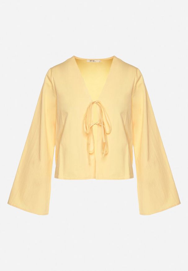 Born2be - Pomarańczowa Bawełniana Bluzka Narzutka Wiązana na Troczki z Szerokimi Rękawami Calorea. Okazja: na co dzień. Typ kołnierza: dekolt w kształcie V. Kolor: pomarańczowy. Materiał: bawełna. Styl: casual, klasyczny