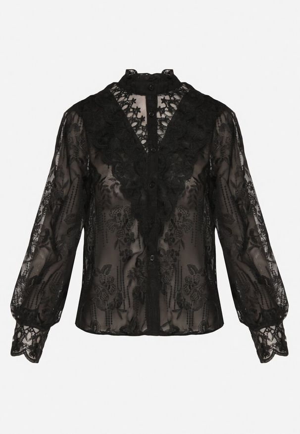 Born2be - Czarna Koronkowa Koszula ze Stójką i Ozdobnym Haftem Adelith. Okazja: na spotkanie biznesowe, do pracy, na co dzień. Typ kołnierza: kołnierzyk stójkowy. Kolor: czarny. Materiał: koronka. Wzór: haft. Styl: casual, biznesowy