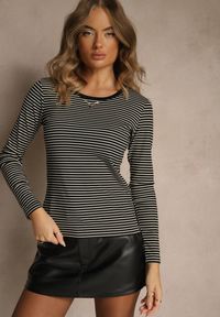 Renee - Czarna Bluzka Longsleeve Ozdobiona Paskami i Cyrkoniami Ralenea. Okazja: na co dzień. Kolor: czarny. Materiał: jeans. Długość rękawa: długi rękaw. Wzór: aplikacja. Styl: elegancki, casual #3