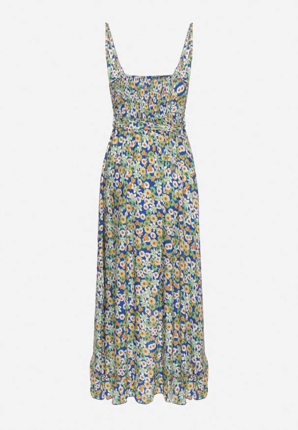 Born2be - Granatowa Bawełniana Sukienka na Ramiączkach z Kopertowym Dekoltem i Asymetrycznym Rozcięciem Xiloa. Okazja: na co dzień. Typ kołnierza: dekolt kopertowy. Kolor: niebieski. Materiał: bawełna. Długość rękawa: na ramiączkach. Wzór: aplikacja. Typ sukienki: kopertowe, asymetryczne. Styl: casual