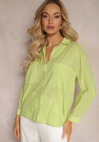 Renee - Jasnozielona Klasyczna Koszula z Bawełny z Kieszonkami Jaela. Okazja: na co dzień. Kolor: zielony. Materiał: bawełna. Styl: klasyczny #4
