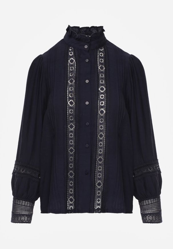 Renee - Granatowa Koszula ze Stójką i Koronką Phaeninca. Okazja: na co dzień. Typ kołnierza: kołnierzyk stójkowy. Kolor: niebieski. Materiał: koronka. Wzór: koronka. Styl: elegancki, casual