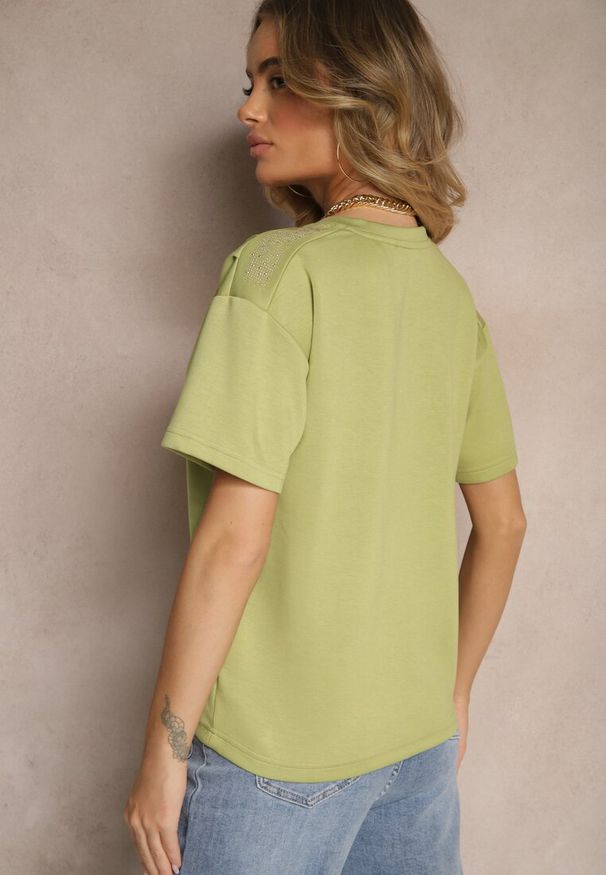 Renee - Zielony T-shirt z Dekoltem w Serek Fonellea. Okazja: na co dzień. Typ kołnierza: dekolt w serek. Kolor: zielony. Materiał: jeans. Styl: casual