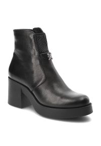 Czarne Eleganckie Botki Simen Na Obcasie. Kolor: czarny. Materiał: syntetyk, futro, materiał, skóra. Szerokość cholewki: normalna. Obcas: na obcasie. Styl: elegancki. Wysokość obcasa: średni