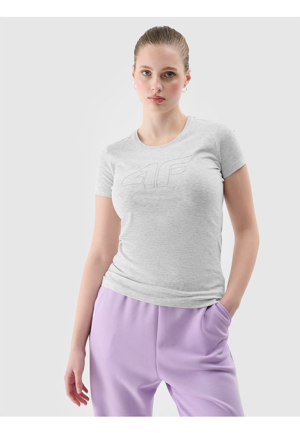 4f - 4F T-shirt slim z nadrukiem damski - szary L. Okazja: na co dzień. Kolor: szary. Materiał: dzianina, bawełna, wiskoza, jersey, materiał, elastan. Długość rękawa: krótki rękaw. Długość: krótkie. Wzór: nadruk. Styl: sportowy, casual
