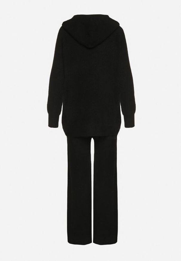 Born2be - Czarny Komplet Dzianinowy z Wełną Bluza z Kapturem i Szerokie Spodnie Otisela. Kolor: czarny. Materiał: dzianina, wełna