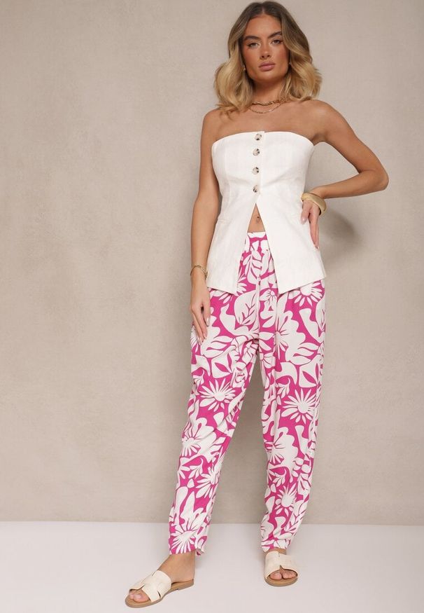 Renee - Fuksjowe Spodnie z Wiskozy High Waist w Kwiatowy Wzór Niliannea. Okazja: na co dzień. Stan: podwyższony. Kolor: różowy. Materiał: wiskoza. Wzór: kwiaty. Styl: elegancki, casual