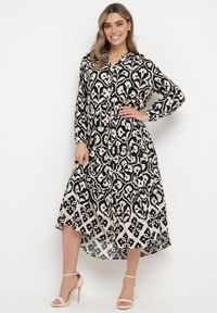 Born2be - Czarno-Biała Sukienka w Ornamentalny Wzór o Koszulowym Fasonie Venleia. Kolor: czarny. Wzór: aplikacja, kwiaty. Typ sukienki: koszulowe #1