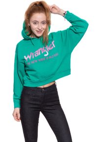 Wrangler - BLUZA WRANGLER DAMSKA CROP HOODIE SPECTRA GREEN W6068IGWB. Typ kołnierza: kaptur. Wzór: nadruk #5