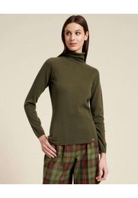 Luisa Spagnoli - LUISA SPAGNOLI - Zielony sweter z golfem CALCO. Typ kołnierza: golf. Kolor: zielony. Materiał: prążkowany, materiał. Długość rękawa: długi rękaw. Długość: długie. Wzór: aplikacja