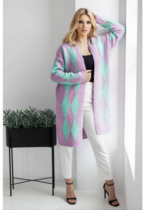 PeeKaBoo - Elegancki sweter kardigan w romby liliowy. Kolor: liliowy. Styl: elegancki