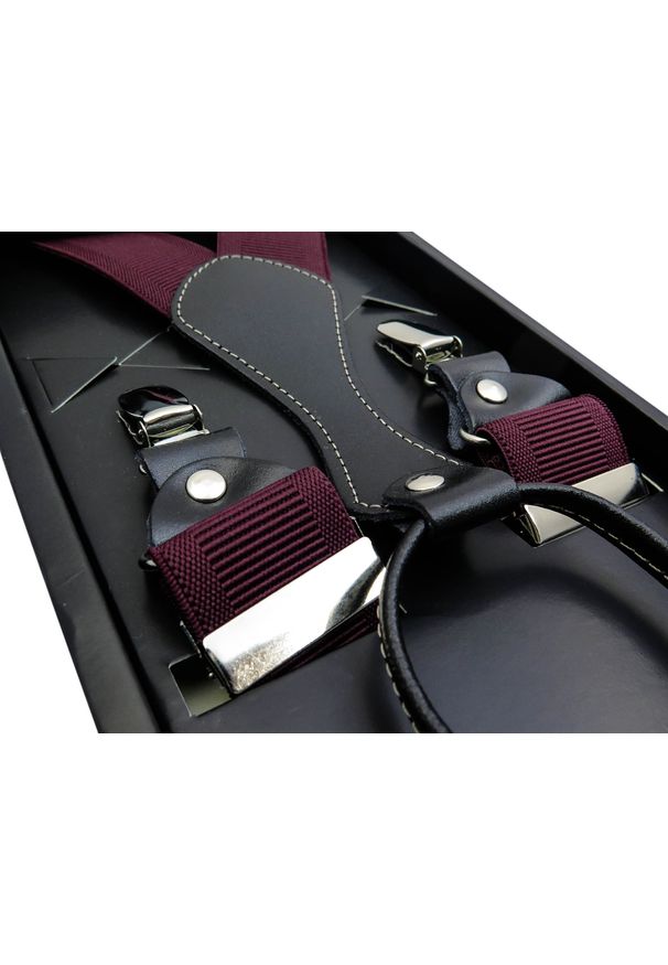 Modini - Bordowe szelki męskie SZ5. Kolor: czerwony. Materiał: skóra, guma. Wzór: gładki