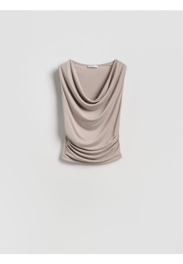 Reserved - Drapowana bluzka z modalem - kremowy. Kolor: kremowy. Materiał: dzianina