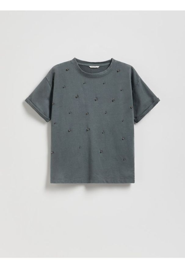 Reserved - T-shirt z aplikacją - ciemnoszary. Kolor: szary. Materiał: bawełna. Wzór: aplikacja