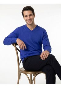 Męski, Bawełniany Sweter w Serek (V-neck) - Adriano Guinari - Charbowy. Okazja: na co dzień, na spotkanie biznesowe, do pracy. Typ kołnierza: dekolt w serek. Kolor: niebieski. Materiał: bawełna. Styl: casual, biznesowy, elegancki, klasyczny #3