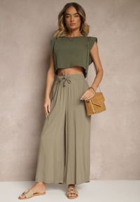 Renee - Ciemnozielone Szerokie Spodnie z Wiskozy ze Sznurkiem Natisetia. Okazja: na co dzień. Kolor: zielony. Materiał: wiskoza. Styl: casual, elegancki