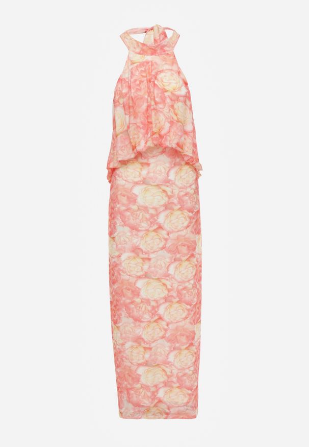 Renee - Pomarańczowa Sukienka z Dekoltem Halter i Odkrytymi Plecami w Kwiatowy Print Harmanie. Okazja: na randkę, na imprezę. Typ kołnierza: dekolt halter. Kolor: pomarańczowy. Materiał: poliester. Wzór: kwiaty, nadruk. Sezon: lato