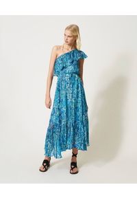 TwinSet - Sukienka z krepony w kwiaty na jedno ramię Twinset. Kolor: niebieski. Materiał: tkanina, poliester. Wzór: kwiaty. Typ sukienki: dopasowane. Styl: klasyczny #1
