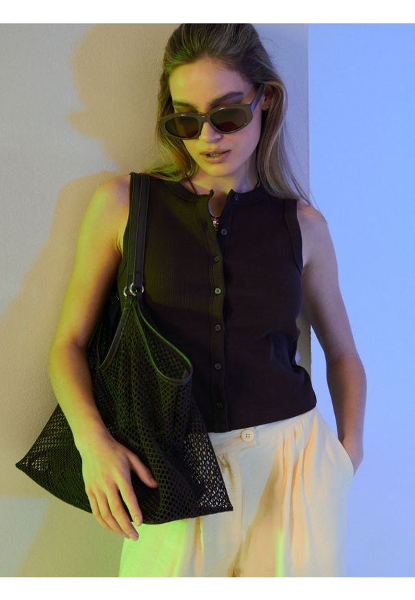 Sinsay - Bawełniana bluzka z guzikami - brązowy. Kolor: brązowy. Materiał: bawełna