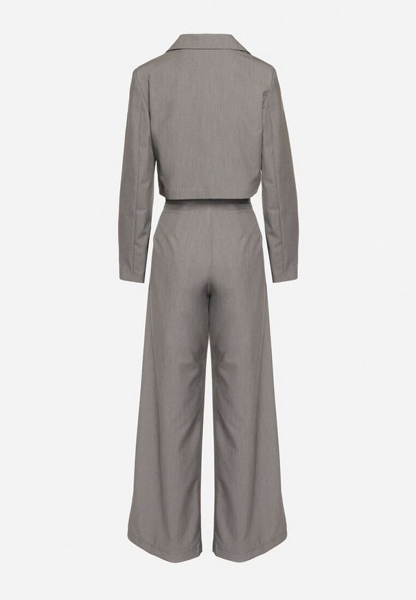 Born2be - Szary Komplet Garniturowy z Krótką Marynarką i Szerokimi Spodniami Laoisetta. Kolor: szary. Materiał: materiał. Wzór: paski