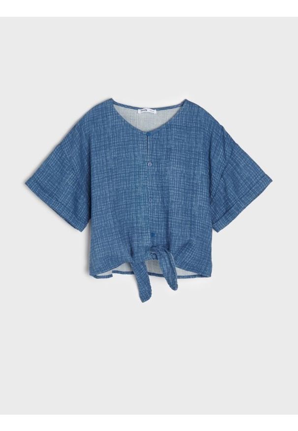 Sinsay - Bluzka z wiązaniem - niebieski. Kolor: niebieski. Materiał: bawełna. Długość rękawa: krótki rękaw. Długość: krótkie