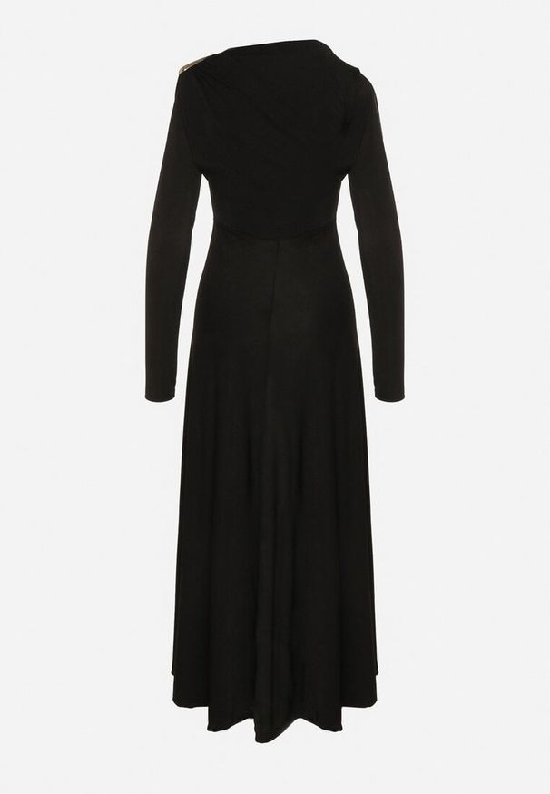 Born2be - Czarna Koktajlowa Sukienka Ozdobiona Metaliczną Aplikacją i Marszczeniem z Boku Retima. Kolor: czarny. Wzór: aplikacja. Styl: wizytowy