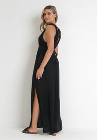 Born2be - Czarny Wiskozowy Kombinezon z Gumką w Pasie i Plecionym Sznurkiem z Lnem Evalin. Kolor: czarny. Materiał: len, wiskoza. Długość rękawa: na ramiączkach. Wzór: aplikacja #5