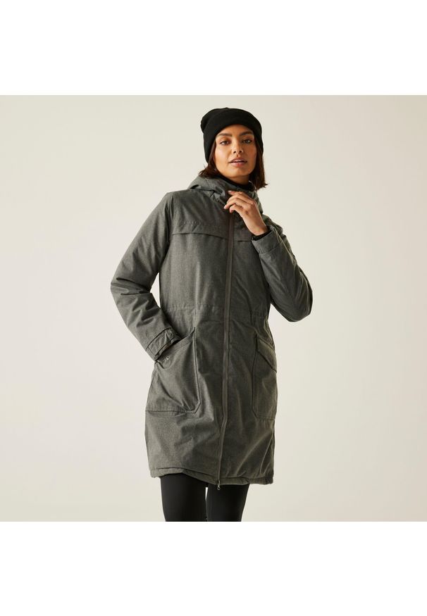Kurtka przeciwdeszczowa z kapturem damska Regatta Romine II. Typ kołnierza: kaptur. Kolor: szary. Sezon: zima