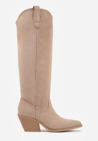 Born2be - Ciemnobeżowe Gładkie Kozaki Kowbojki z Imitacji Zamszu na Stożkowym Obcasie Karelia. Okazja: na co dzień. Kolor: beżowy. Materiał: zamsz. Wzór: gładki. Obcas: na obcasie. Styl: boho, elegancki, klasyczny, casual. Wysokość obcasa: średni #7