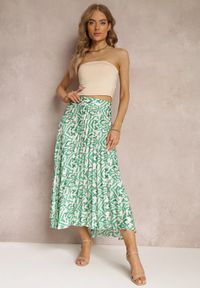 Renee - Zielona Plisowana Spódnica Maxi w Fantazyjny Print Maritha. Kolor: zielony. Materiał: satyna, tkanina. Wzór: nadruk #1