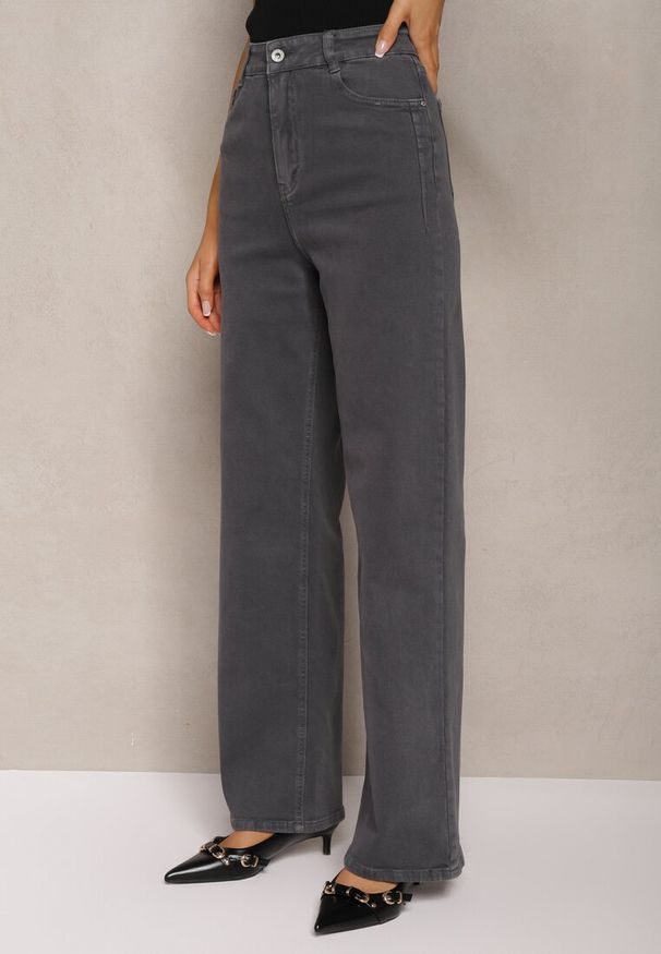 Renee - Ciemnoszare Jeansy Szerokie Phririope. Okazja: na co dzień. Stan: podwyższony. Kolor: szary. Wzór: aplikacja. Styl: elegancki, casual
