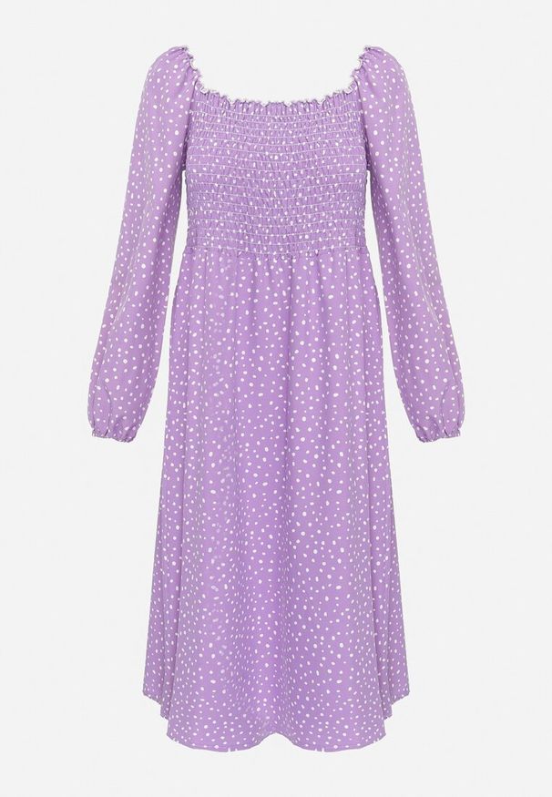 Born2be - Fioletowa Rozkloszowana Sukienka Midi w Kropki Farnai. Kolor: fioletowy. Wzór: kropki. Typ sukienki: rozkloszowane. Styl: retro. Długość: midi