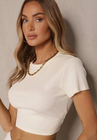 Renee - Beżowy T-shirt z Bawełny z Prążkowanego Materiału Aszedi. Okazja: na co dzień. Kolor: beżowy. Materiał: bawełna, materiał, prążkowany. Wzór: prążki. Styl: klasyczny, casual #3