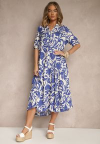 Renee - Niebieska Rozkloszowana Sukienka z Wiskozy Ozdobiona Falbaną Filesenia. Kolor: niebieski. Materiał: wiskoza. Wzór: aplikacja. Styl: elegancki