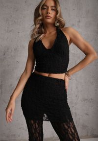 Renee - Czarny Komplet z Koronki Top Halter i Spodnie Zdobione Wszytą Spódnicą Celanix. Kolor: czarny. Materiał: koronka. Wzór: aplikacja, koronka #4
