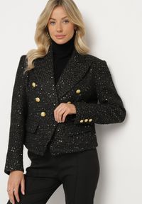 Born2be - Czarna Dwurzędowa Marynarka Taliowana w Tweedowym Stylu z Imitacją Kieszeni Liolia. Okazja: na co dzień. Kolor: czarny. Styl: elegancki, casual #7