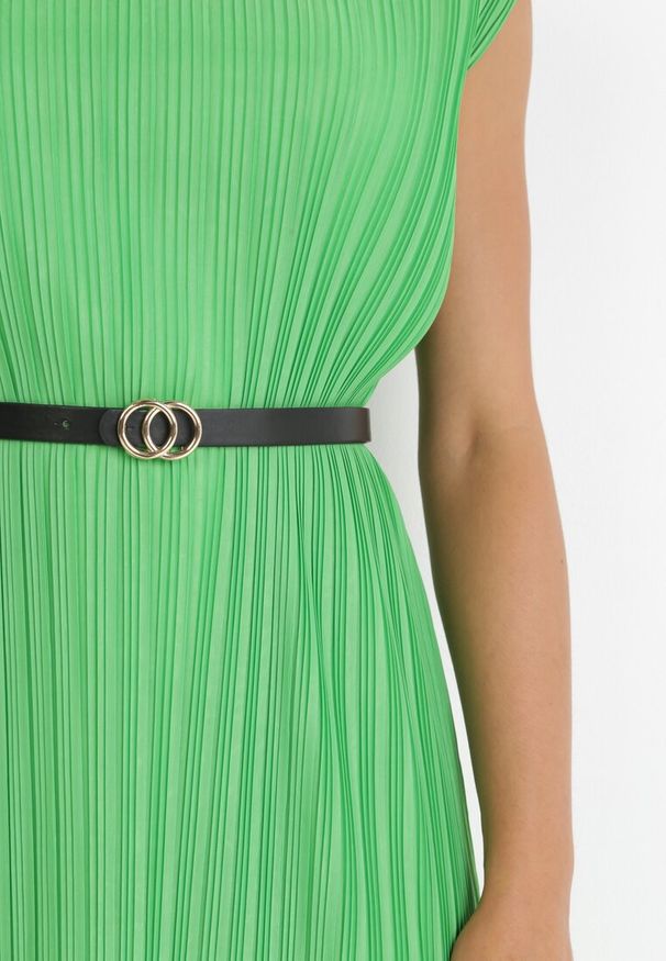 Born2be - Zielona Plisowana Sukienka Midi z Paskiem z Imitacji Skóry Sharia. Kolor: zielony. Materiał: skóra. Długość rękawa: bez rękawów. Styl: elegancki. Długość: midi