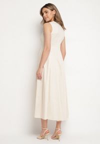 Born2be - Jasnobeżowa Rozkloszowana Sukienka z Bawełną i Wiskozą Ozdobiona Rozcięciem na Nogę Devirael. Okazja: na co dzień, na spacer, na imprezę. Kolor: beżowy. Materiał: bawełna, wiskoza. Wzór: aplikacja. Styl: casual #5