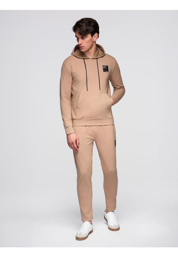 Ombre Clothing - Komplet dresowy męski bluza z kapturem + spodnie dresowe - brązowy V3. Okazja: na co dzień. Typ kołnierza: kaptur. Kolor: brązowy. Materiał: dresówka. Styl: casual