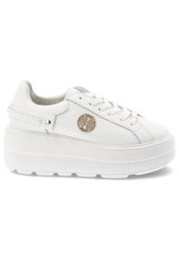 Sneakersy damskie S.Barski, ze skóry naturalnej licowej gruba podeszwa platforma sznurowane styl casual, białe, LR61-7095. Okazja: na co dzień. Zapięcie: sznurówki. Kolor: biały. Materiał: skóra. Szerokość cholewki: normalna. Obcas: na platformie. Sport: turystyka piesza #4