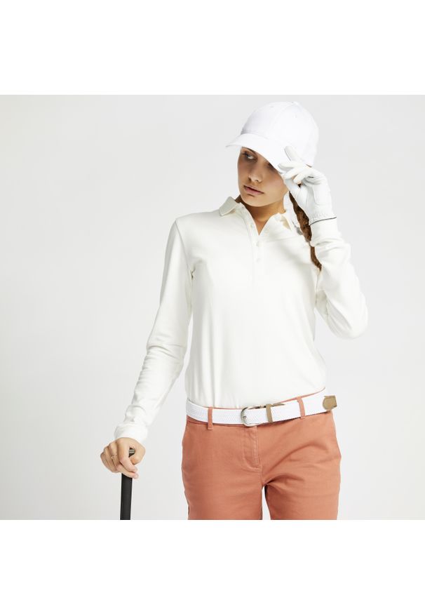 INESIS - Koszulka do golfa polo z długim rękawem damska MW500. Typ kołnierza: polo, golf. Kolor: biały. Materiał: materiał, bawełna, elastan. Długość rękawa: długi rękaw. Długość: długie