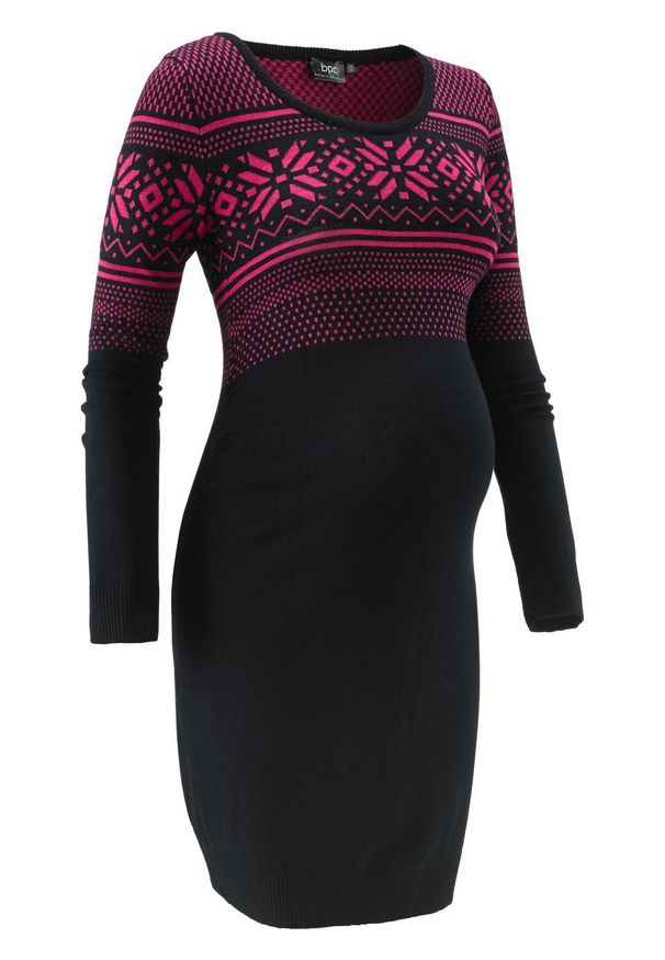 Sukienka dzianinowa z norweskim wzorem bonprix czarno-ciemnoróżowy wzorzysty. Kolekcja: moda ciążowa. Kolor: czarny. Materiał: poliamid, dzianina, materiał, wiskoza. Wzór: prążki, aplikacja