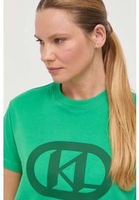 Karl Lagerfeld t-shirt bawełniany kolor zielony. Kolor: zielony. Materiał: bawełna. Długość rękawa: krótki rękaw. Długość: krótkie. Wzór: aplikacja. Styl: klasyczny #4