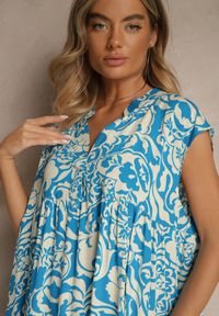 Renee - Niebieska Sukienka Oversize z Bawełny z Ornamentnym Wzorem Folazea. Okazja: na co dzień. Kolor: niebieski. Materiał: bawełna. Sezon: lato. Typ sukienki: oversize. Styl: elegancki, casual #4
